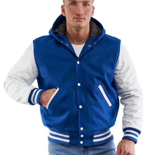 Hooded Blue Varsity Leather Jacket