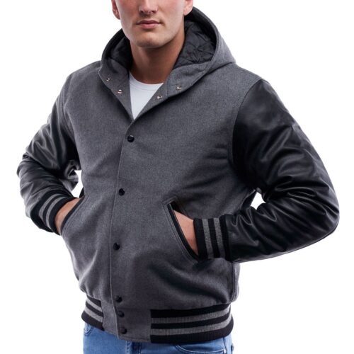 Hooded Gray Varsity Leather Jacket